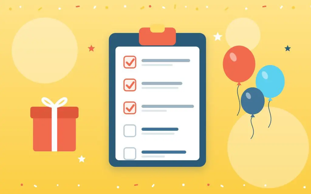 Illustration of a birthday party planning checklist on a clipboard with balloons and a gift